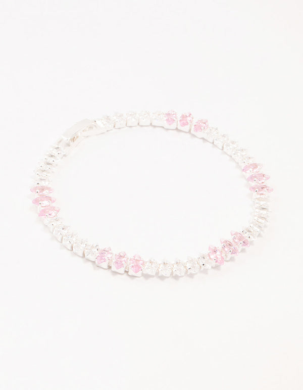 Silver Alternating Clear & Pink Marquise Cluster Cubic Zirconia Bracelet