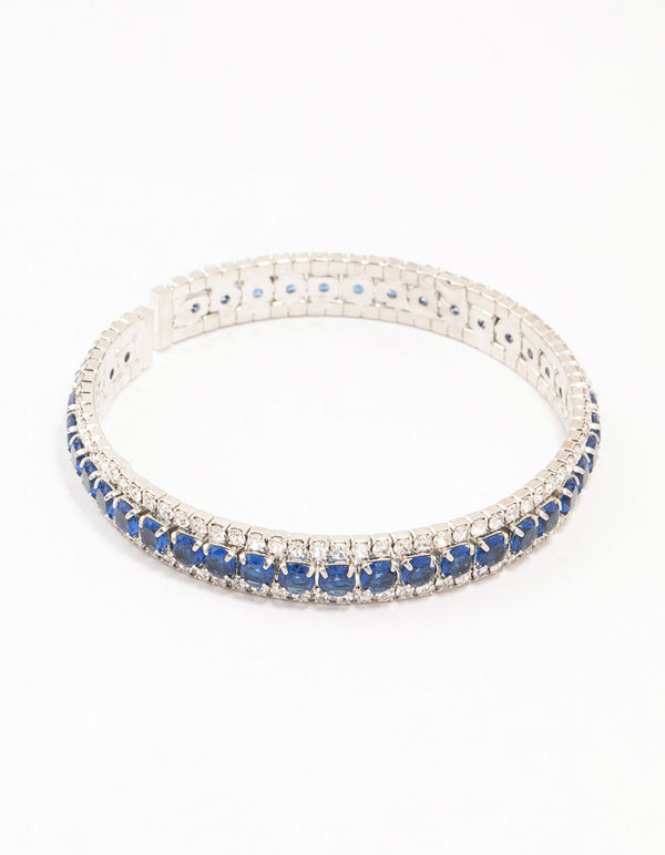 Silver & Blue Round Encased Cubic Zirconia Wrist Cuff