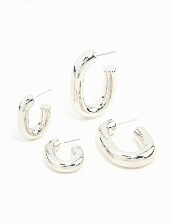 Rhodium Rectangle Shaped Smooth Hoops 2-Pack