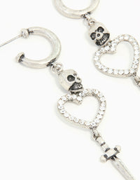 Antique Silver Heart & Skull Dagger Drop Earrings - link has visual effect only