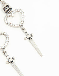 Antique Silver Heart & Skull Dagger Drop Earrings - link has visual effect only