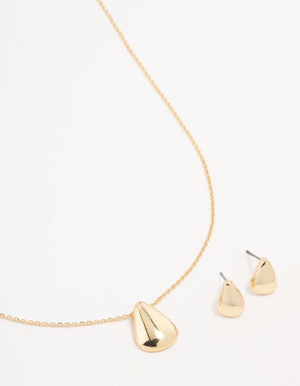 Gold Teardrop Necklace & Stud Earrings Set