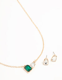 Green Diamante Teardrop Necklace & Stud Earrings Gold Set - link has visual effect only