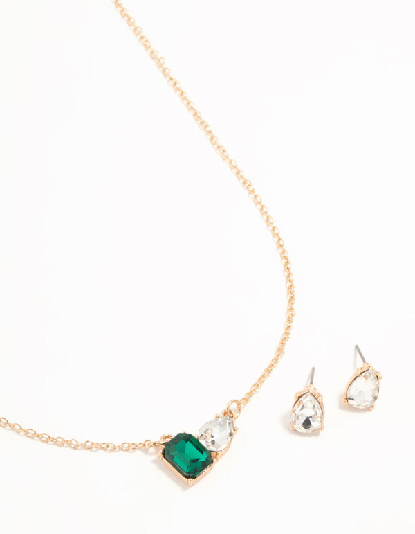 Green Diamante Teardrop Necklace & Stud Earrings Gold Set