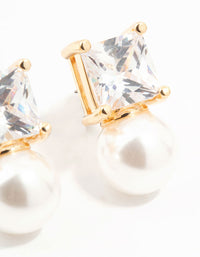 Gold Princess Cubic Zirconia Pearl Stud Earrings - link has visual effect only