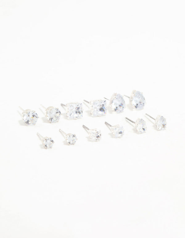 Silver Mixed Cubic Zirconia Stud Earrings 6-Pack