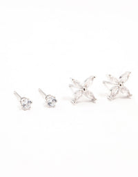 Silver Dainty Flower Cubic Zirconia Stud Earrings 3-Pack - link has visual effect only