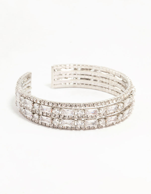 Rhodium Cubic Zirconia Layered Wrist Cuff