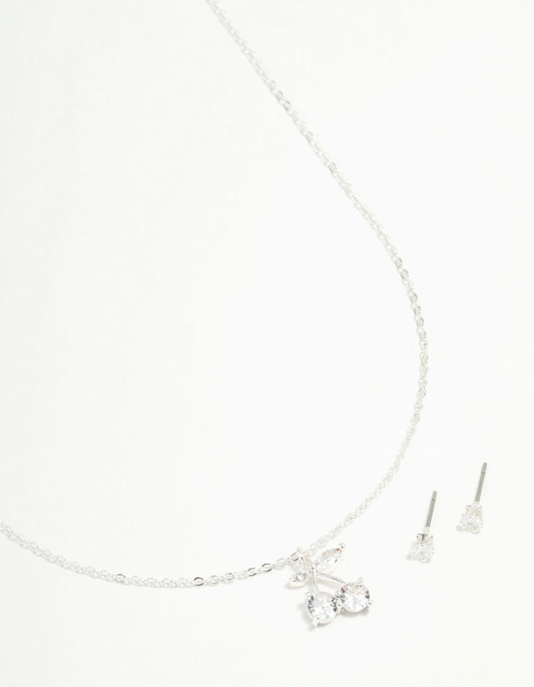 Silver Diamante Cherry Necklace & Stud Earrings Set