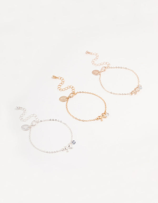 Mixed Metals Diamante Bow Bracelets 3-Pack