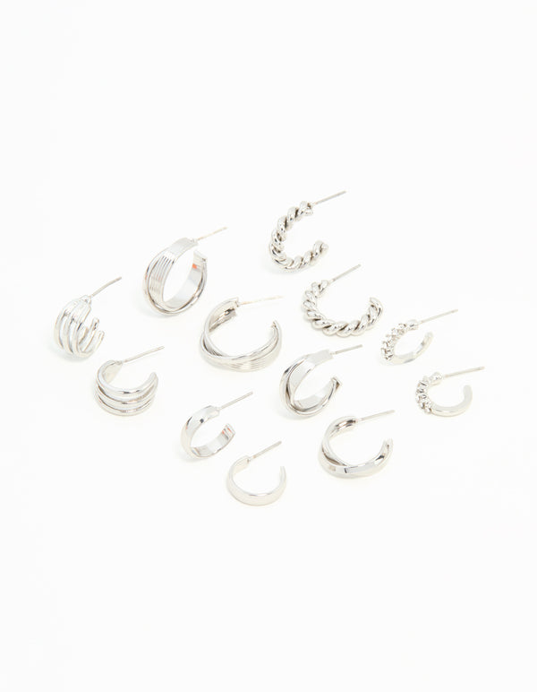 Silver Twisted & Sleek Hoop Earrings 6-Pack