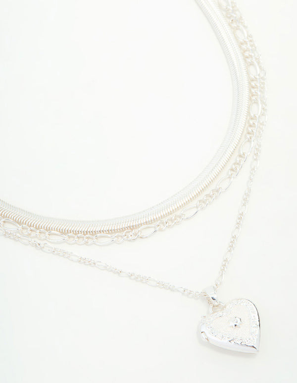 Silver Chain & Figaro Heart Locket Layered Necklace