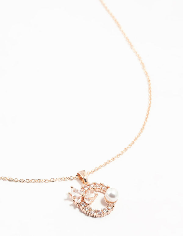 Rose Gold Plated Cubic Zirconia, Butterfly, Wreath & Pearl Necklace