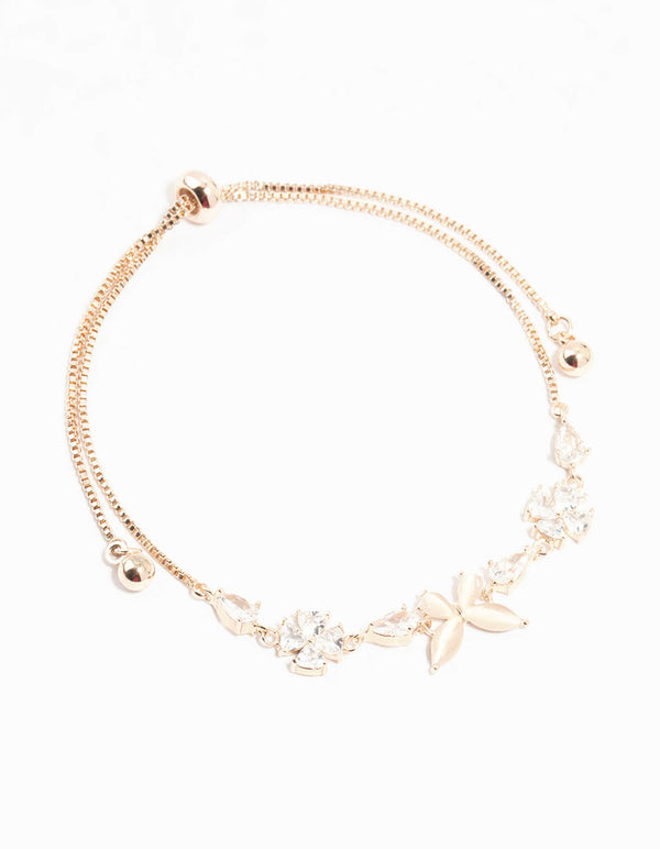 Rose Gold Plated Butterfly Cubic Zirconia Flower Toggle  Bracelet