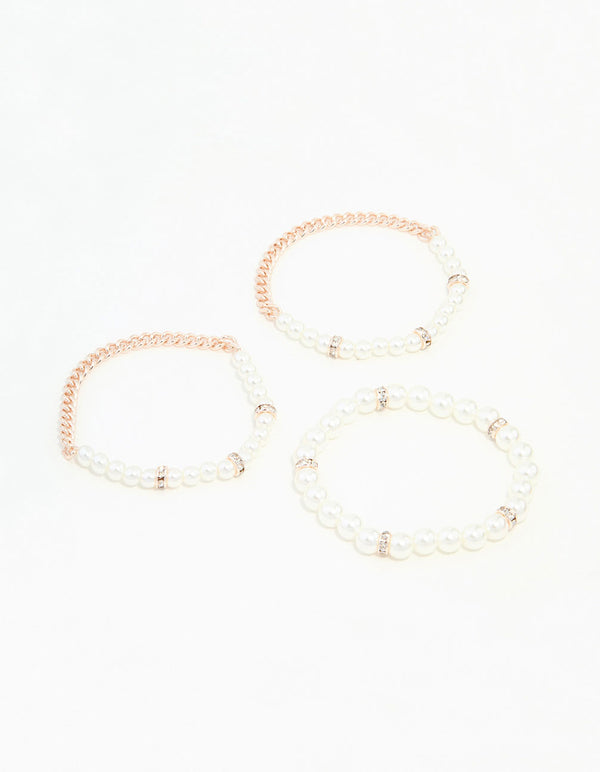 Rose Gold &  Pearl Bracelets Stretch Bracelets 3-Pack