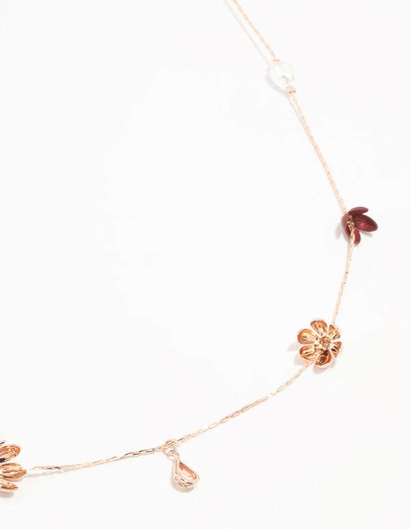 Rose Gold & Red Flowers Large Necklace