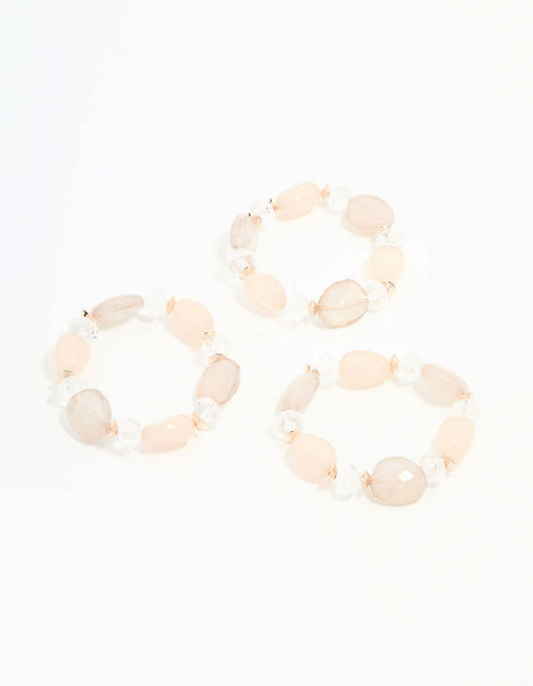 Rose Gold Pink & White Faceted Bead Stretch Bracelets 3-Pack