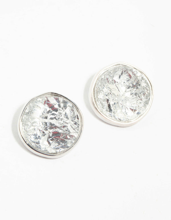 Large Rhodium Crinkle Circle Stud Earrings