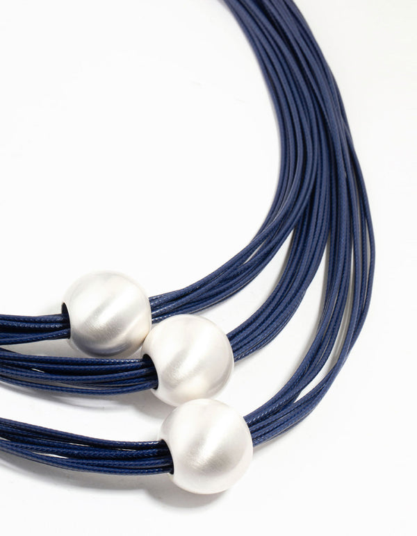 Blue Wax Cord Trio Silver Ball Necklace