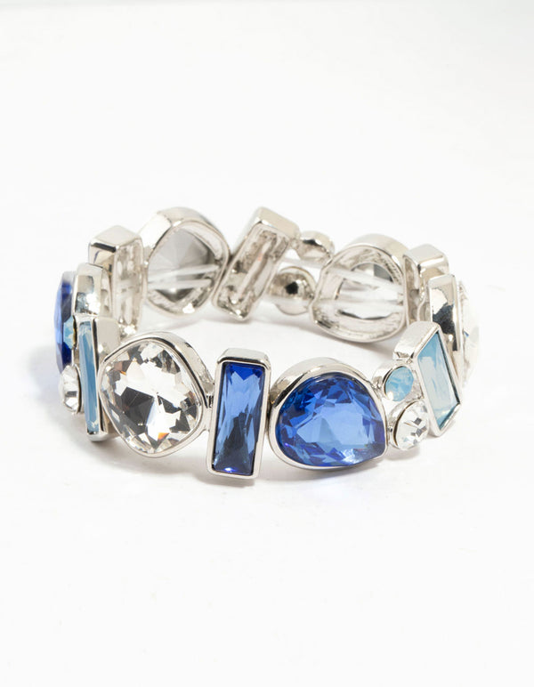 Silver Mixed Shape Blue  Diamante Stretch Bracelet