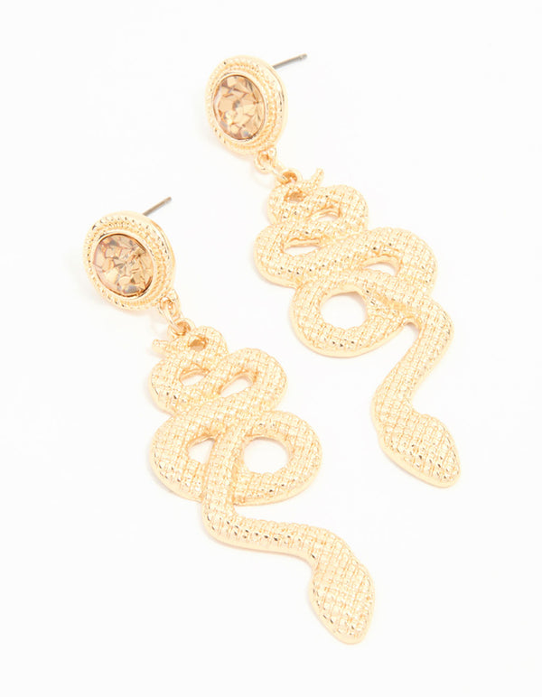 Gold Textured Snake Diamante Drop Earrings