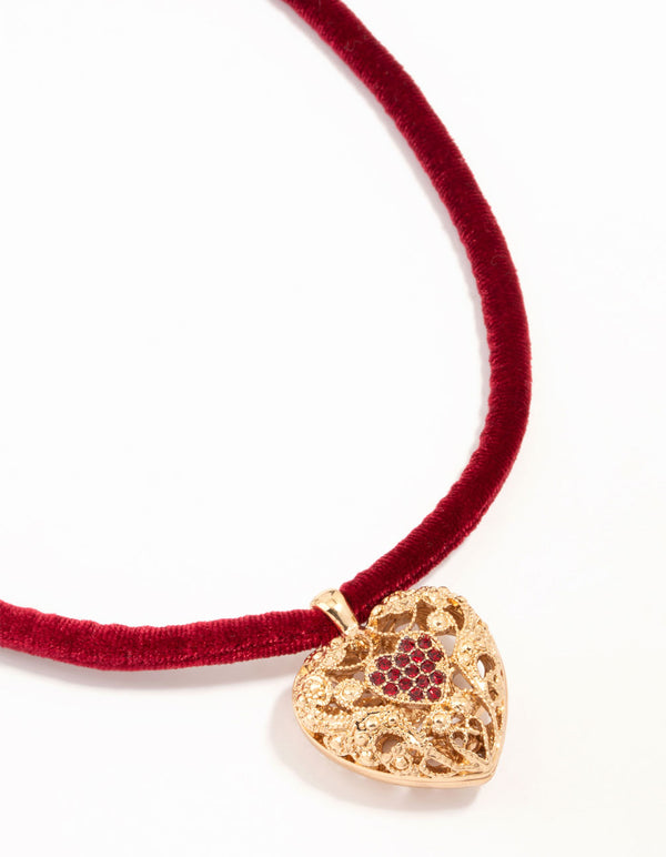 Red Velvet Fabric Heart Locket Pendant Necklace