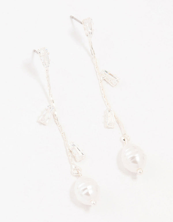 Silver Freshwater Pearl Cubic Zirconia Leaf Drop Earrings