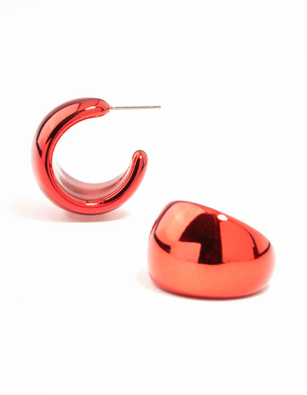 Red Coated Metal Wide Metallic Hoop Earrings