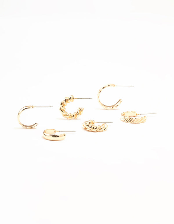 Gold Mixed Textured Hoop Earrings 3-Pack