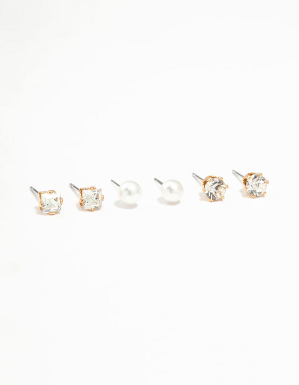 Dimante & Pearl Gold Stud Earrings 3-Pack