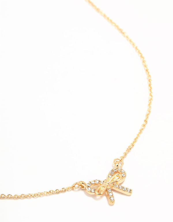 Gold Dainty Diamante Bow Necklace