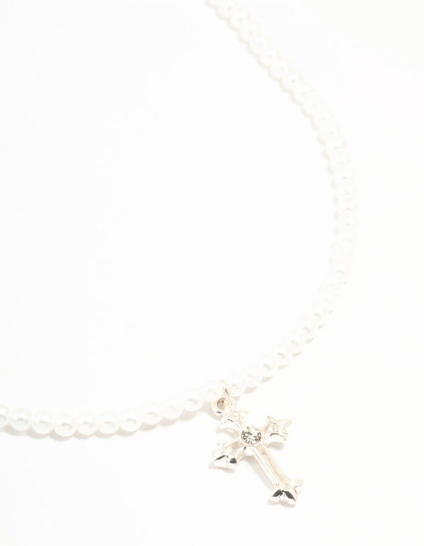 Pearl Silver Cross Pendant Necklace