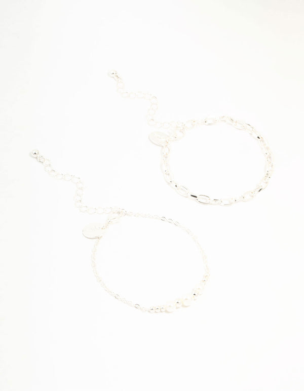 Silver Chain Link & Pearl Bracelets 2-Pack