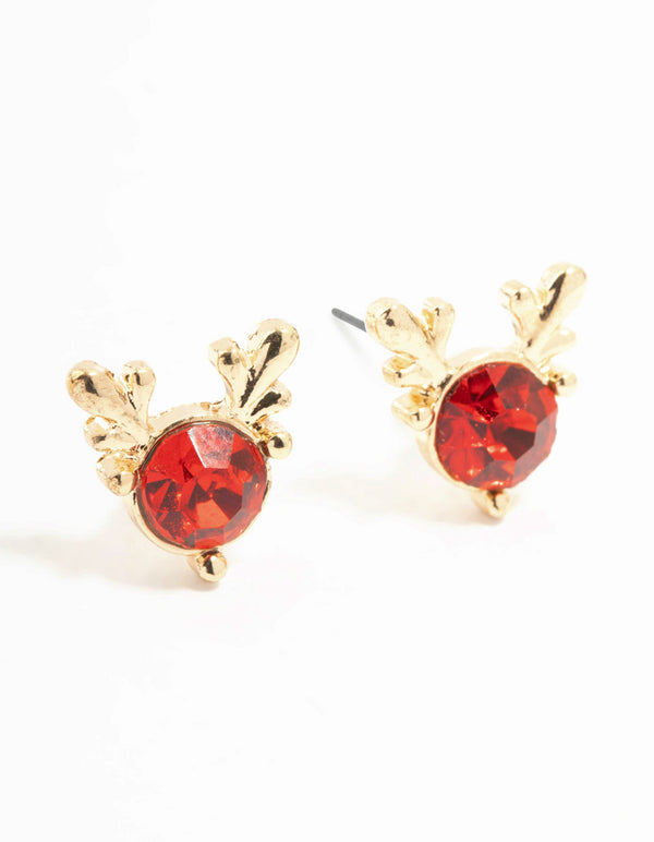 Red Diamante Reindeer Gold Stud Earrings