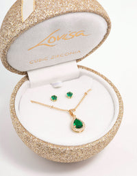 Gold Emerald Cubic Zirconia Necklace & Stud Earrings Set - link has visual effect only