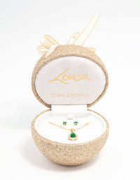 Gold Emerald Cubic Zirconia Necklace & Stud Earrings Set - link has visual effect only