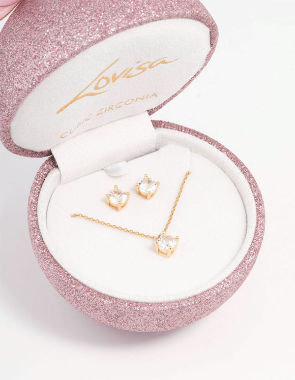 Gold Cubic Zirconia Necklace & Stud Earrings Set