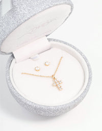 Gold Cubic Zirconia Cross Necklace & Earring Set - link has visual effect only