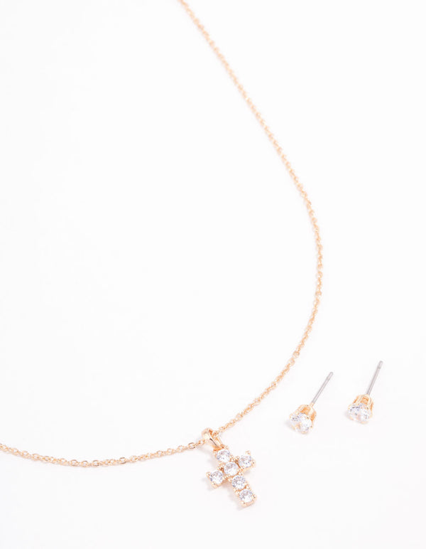 Cubic Zirconia Gold Cross Necklace & Earring Set