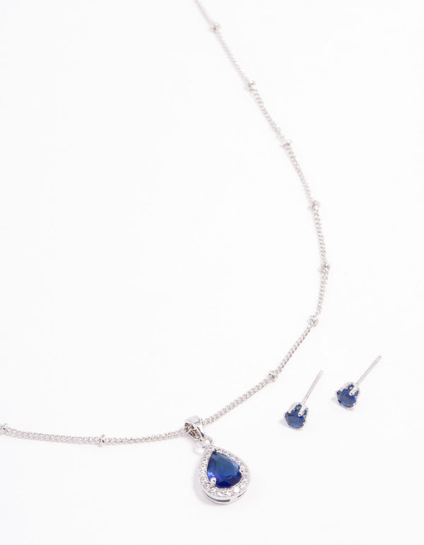 Blue Cubic Zirconia Rhodium Necklace & Stud Earrings Set