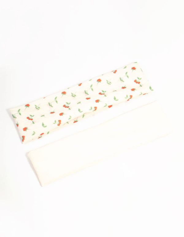 White & Floral Stretch Fabric Headbands 2-Pack