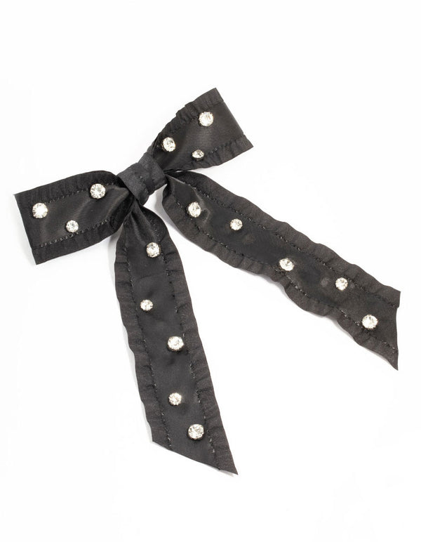 Black Diamante Frill Ribbon Bow Clip