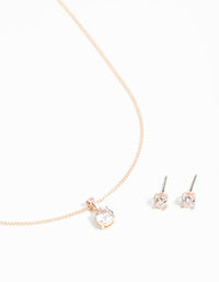 Rose Gold Solitaire Cubic Zirconia Necklace & Stud Earring Set - link has visual effect only