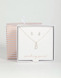 Silver Pear Diamante Necklace & Stud Earrings Set - link has visual effect only