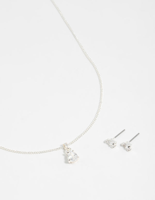 Silver Pear Diamante Necklace & Stud Earrings Set