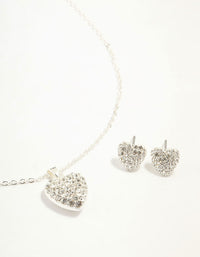 Silver Diamante Heart Necklace & Stud Earrings Set - link has visual effect only