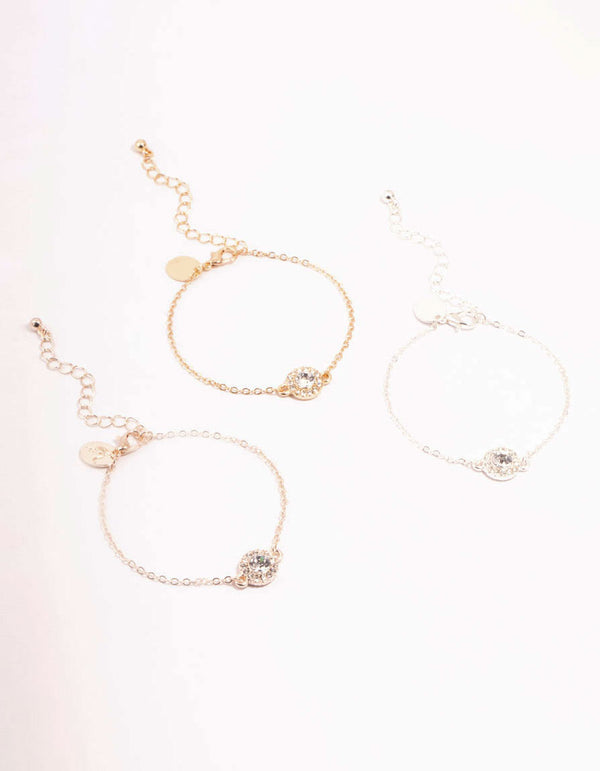 Mixed Metals Halo Diamante Bracelets 3-Pack