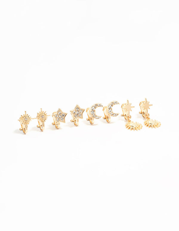 Gold Star & Moon Clip On Earrings 4-Pack