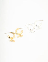 Gift Gold & Silver Plated Classic T Bar Hoop Earrings 2-Pack - link has visual effect only