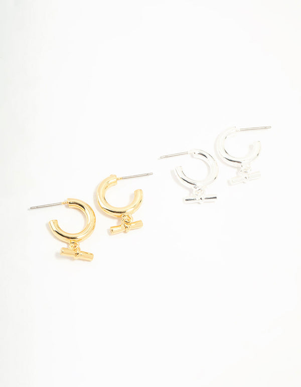 Gift Gold & Silver Plated Classic T Bar Hoop Earrings 2-Pack